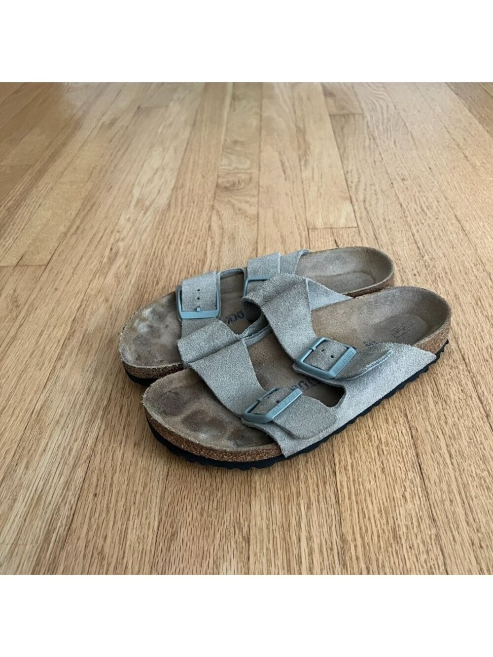 Birkenstock Arizona Taupe Suede Leather Two Strap Sandals Women's Size 38 Narrow